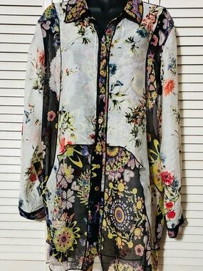 John Mark Floral Print Sheer Blouse - Black, Purple, Yellow